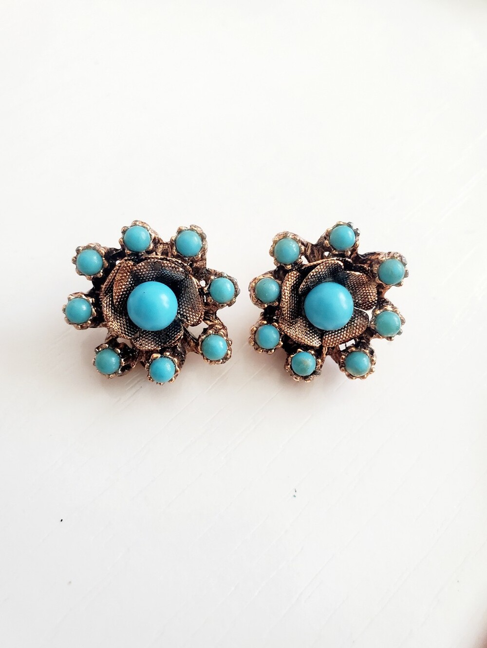 Vintage Turquoise Flower Clip-On Earrings - 1960